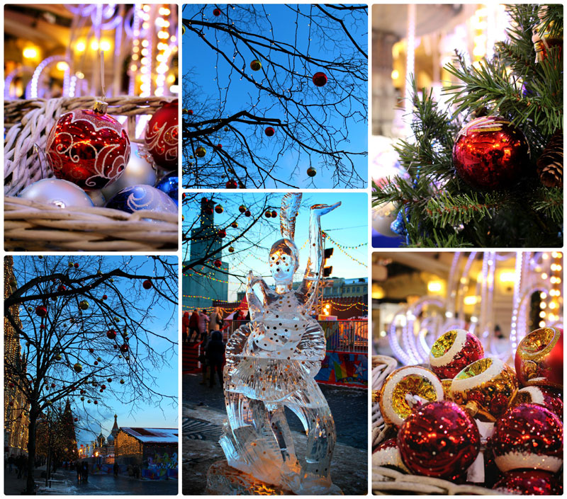 Новогодний коллаж - елка, новогодние игрушки, ледяная скульптура на Красной площади